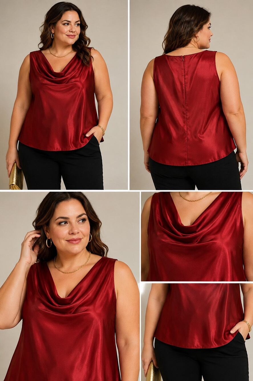Vintage Michaelangelo Wine Satin Cowl Neck Sleeveless Evening Top Size 22